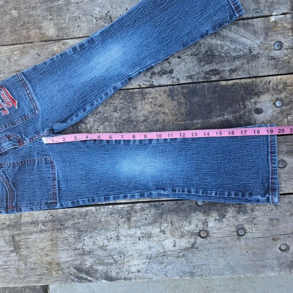 US Polo Assn Girls Y2k Denim Blue Red Logo Flare Jeans Size 6 Small 2000's
